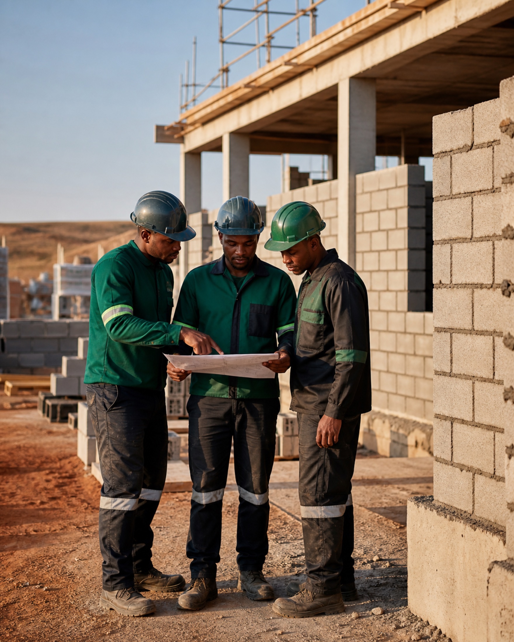 Construction team reviewing plans beside completed blockwork
