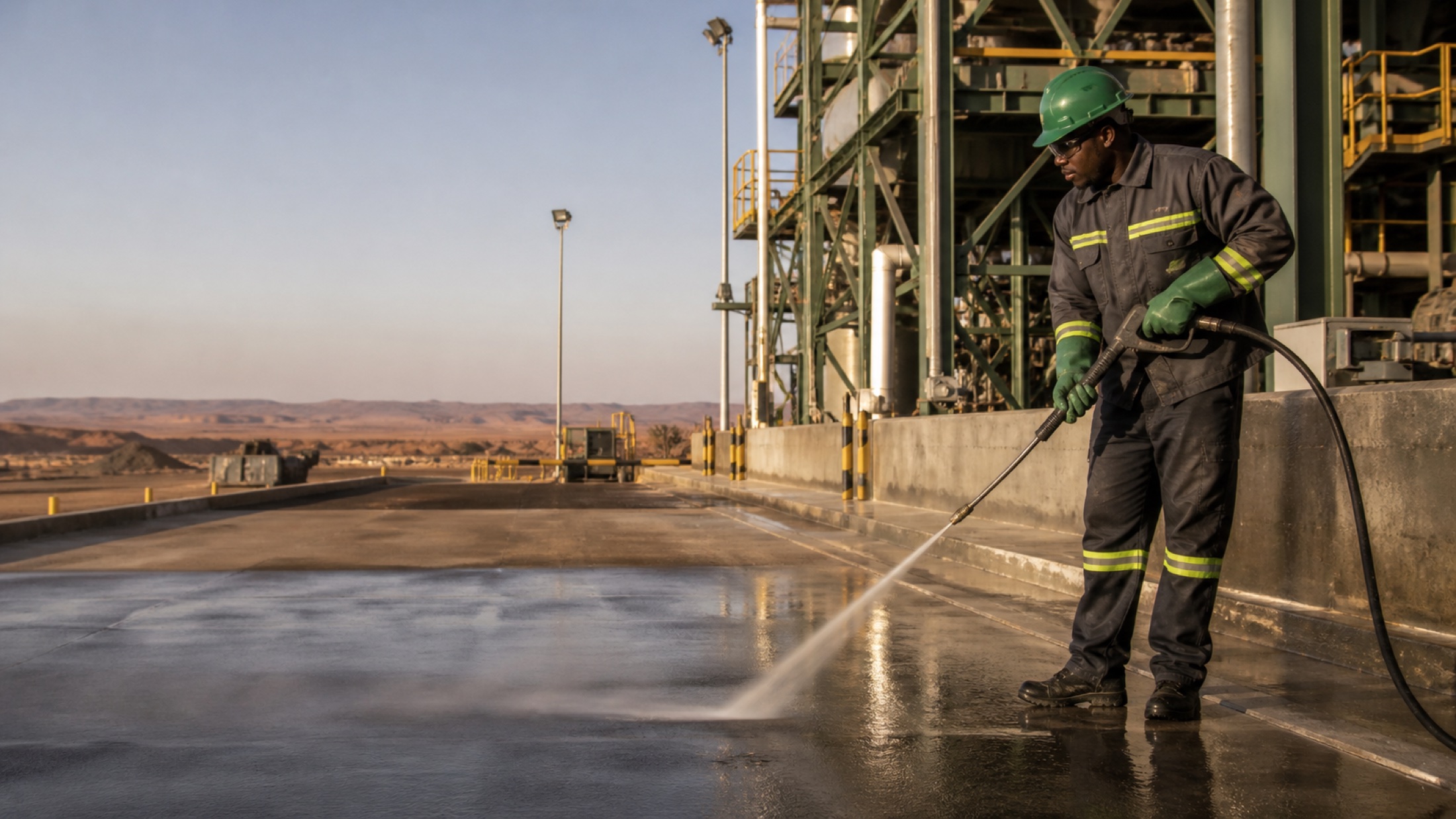 Industrial worker pressure-cleaning a plant area