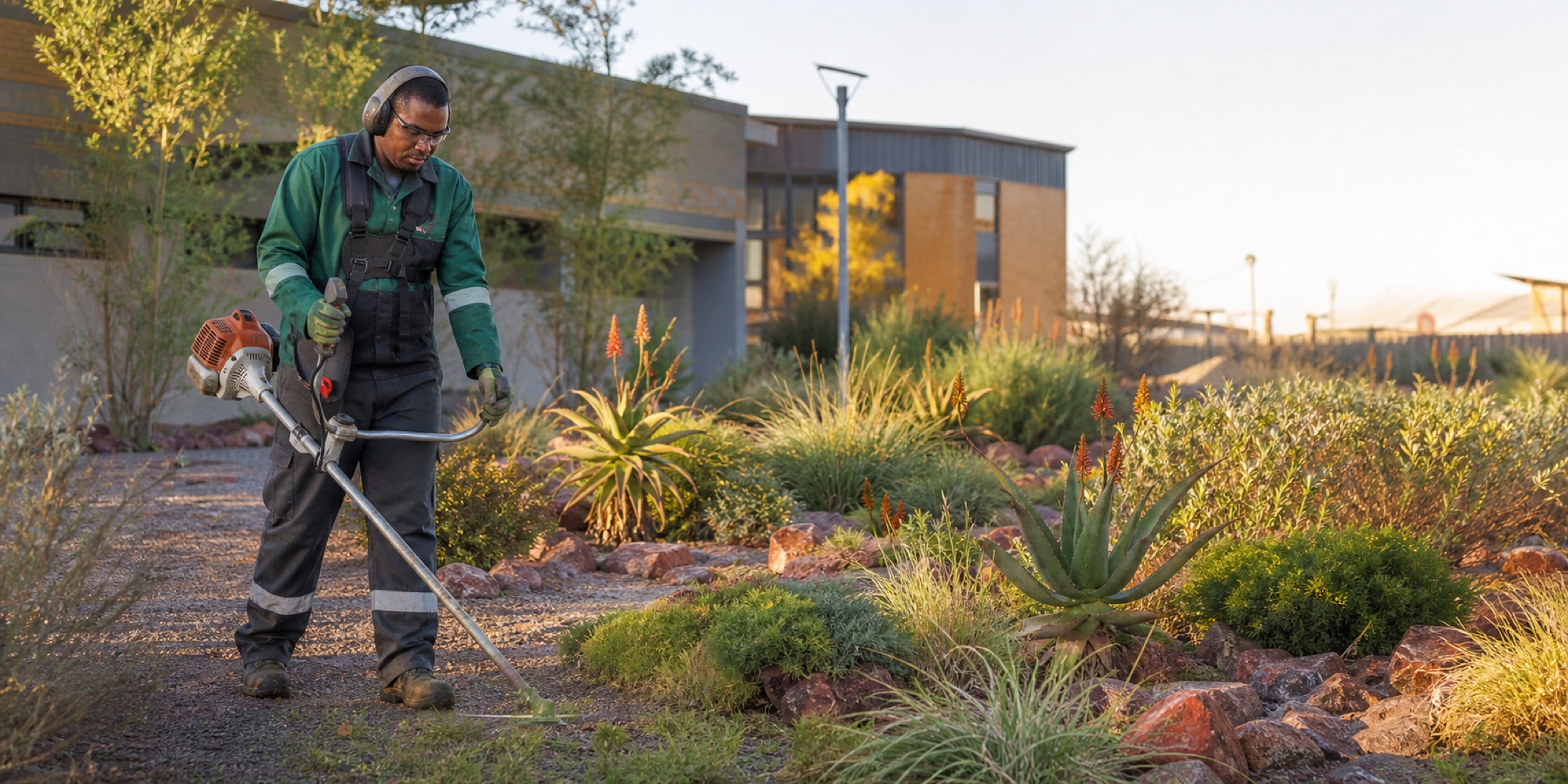Grounds worker maintaining an indigenous Northern Cape landscape