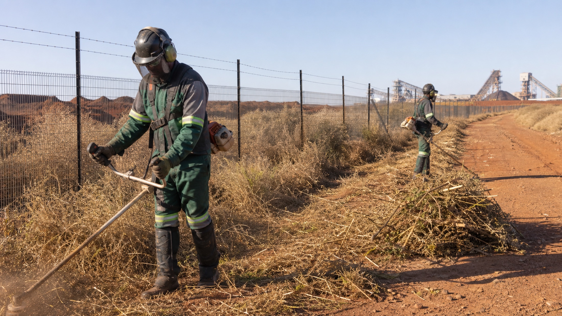 Vegetation-management crew clearing an industrial fenceline