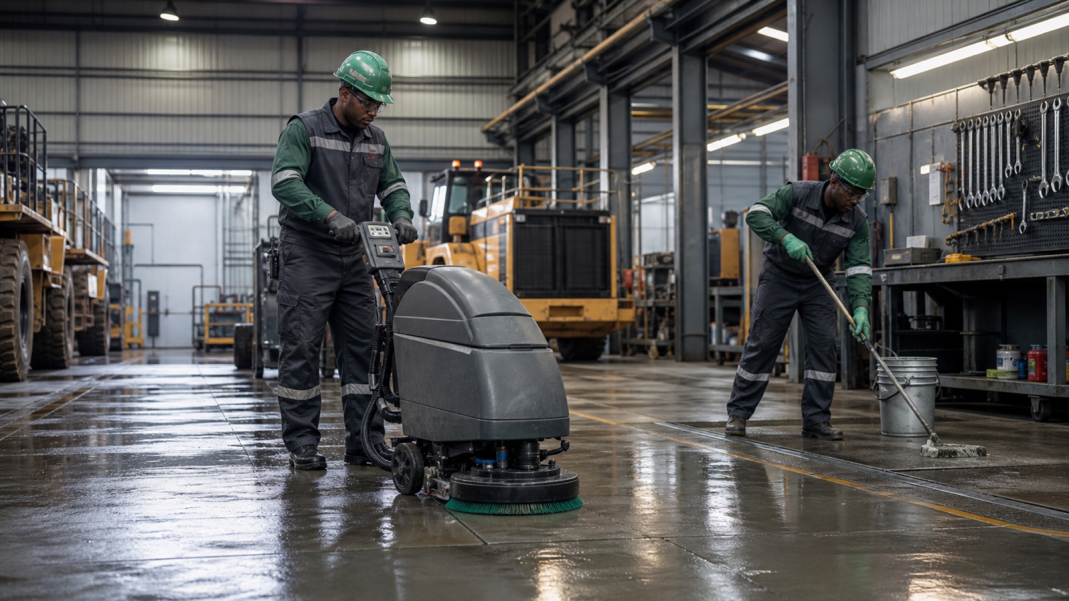 Industrial cleaning crew deep-cleaning a heavy-equipment workshop
